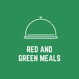 Red and Green Meals business logo in green and white theme, with image of a plate cover as icon.